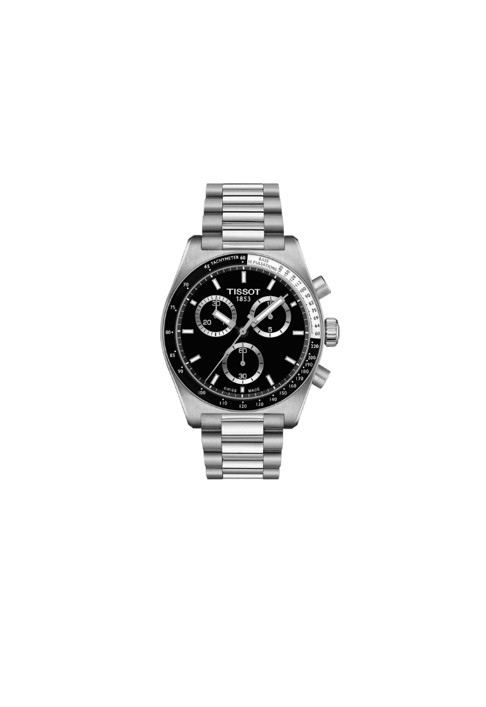 Orologio cronografo Tissot con quadrante nero e cinturino in acciaio, 3 contatori