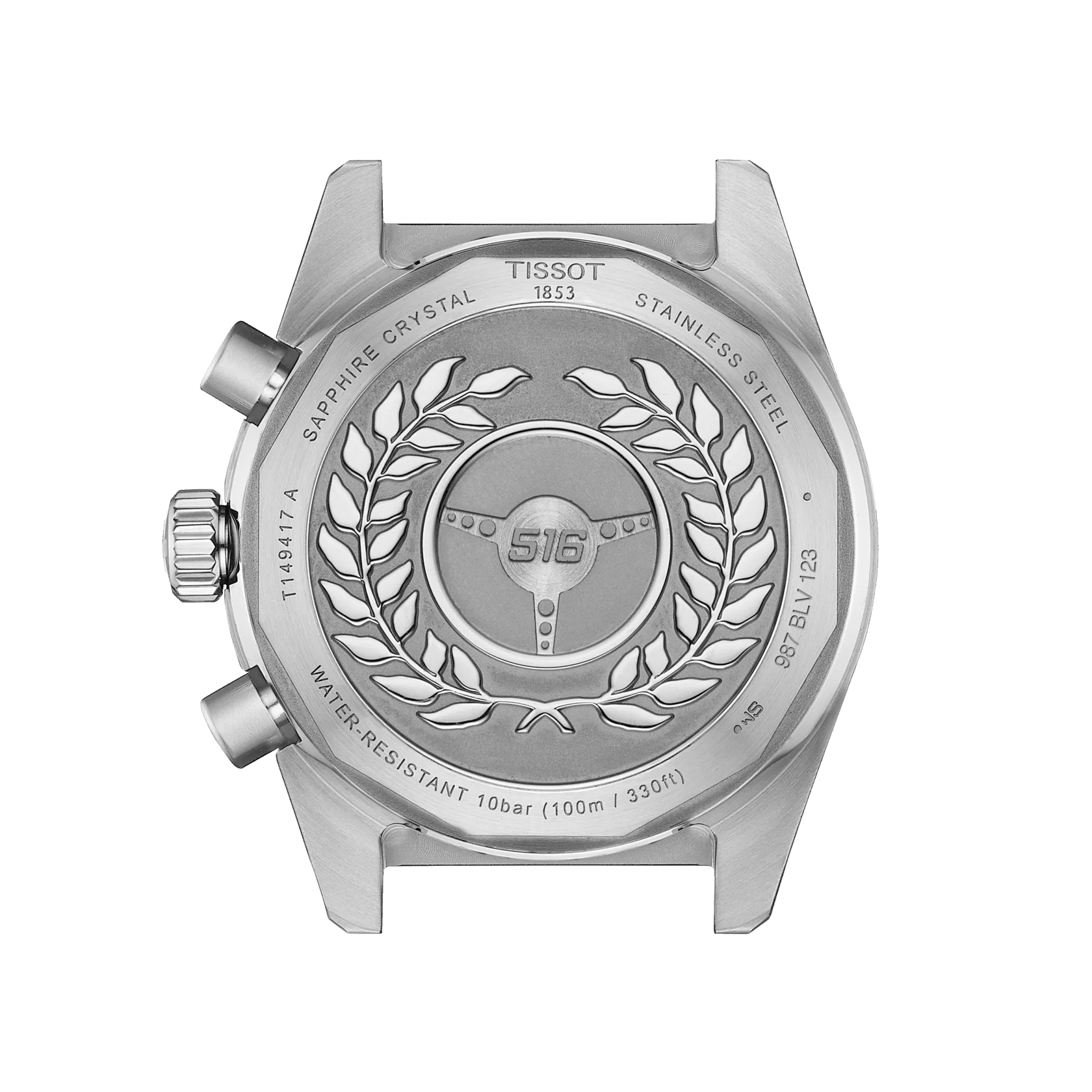 Fondello dell’orologio in acciaio con incisioni e motivo a corona; “TISSOT 1853”.