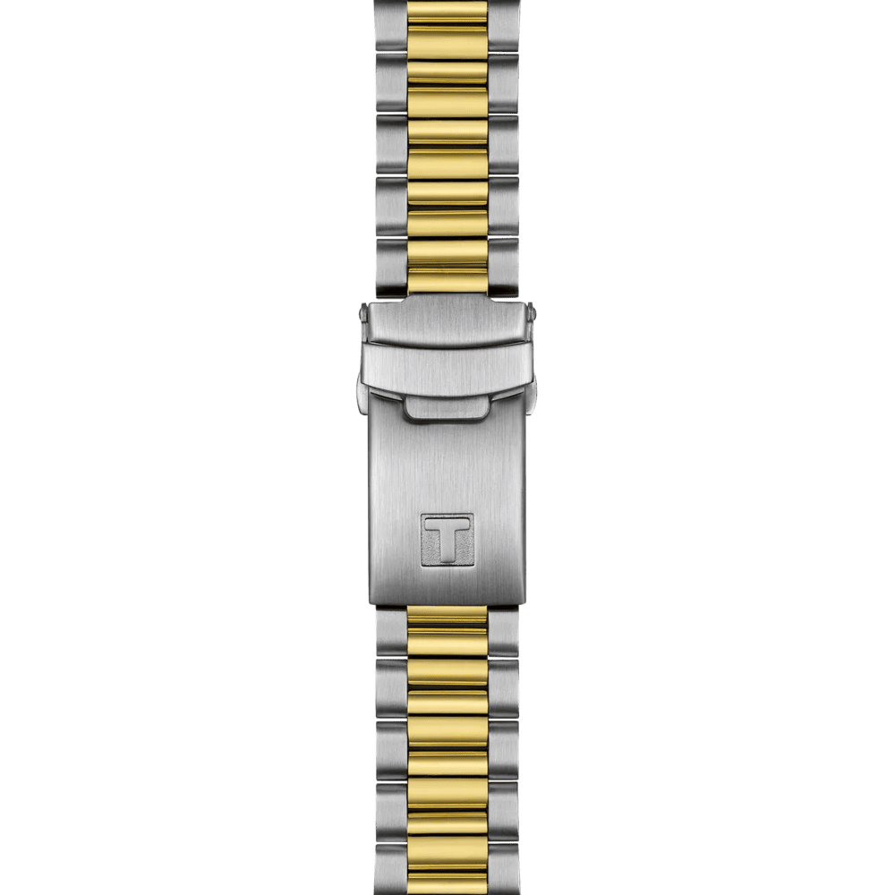 Orologio cronografo: bracciale bicolor acciaio e oro con fibbia rettangolare.