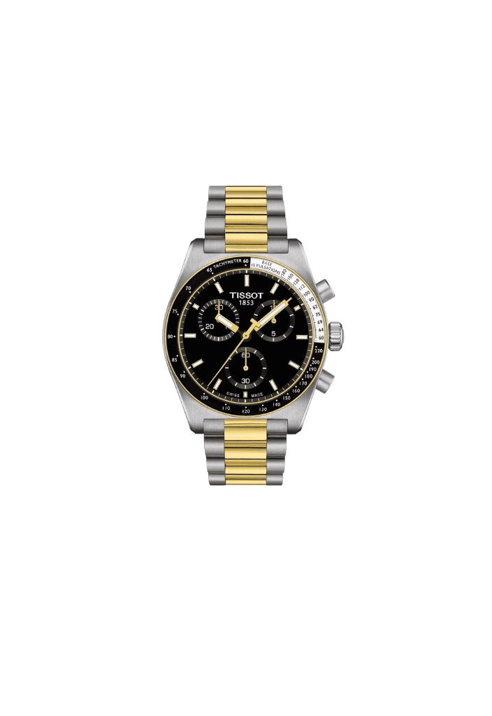Orologio cronografo con quadrante nero e cinturino acciaio/oro