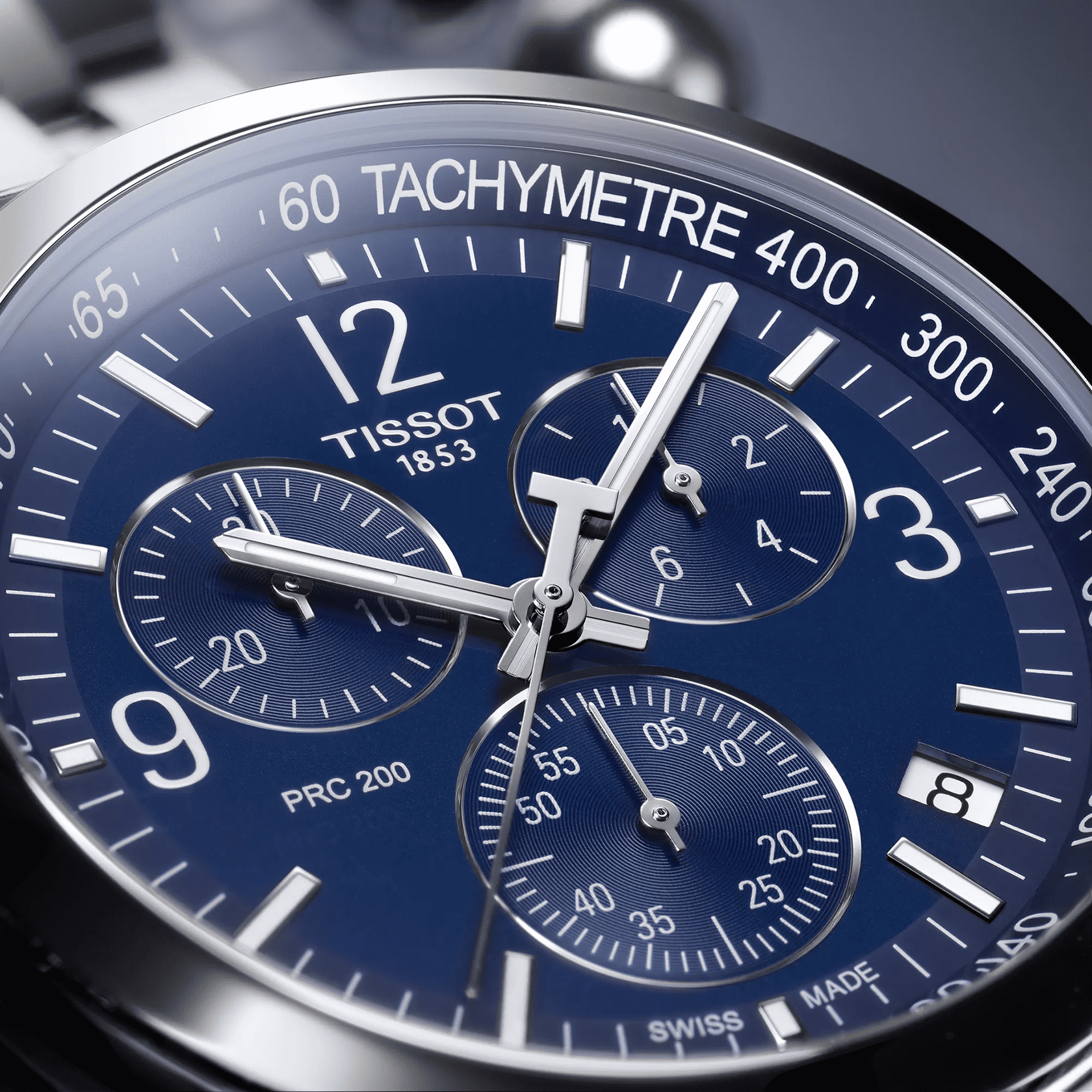 Orologio cronografo Tissot PRC 200 con quadrante blu e contatori, cassa in acciaio