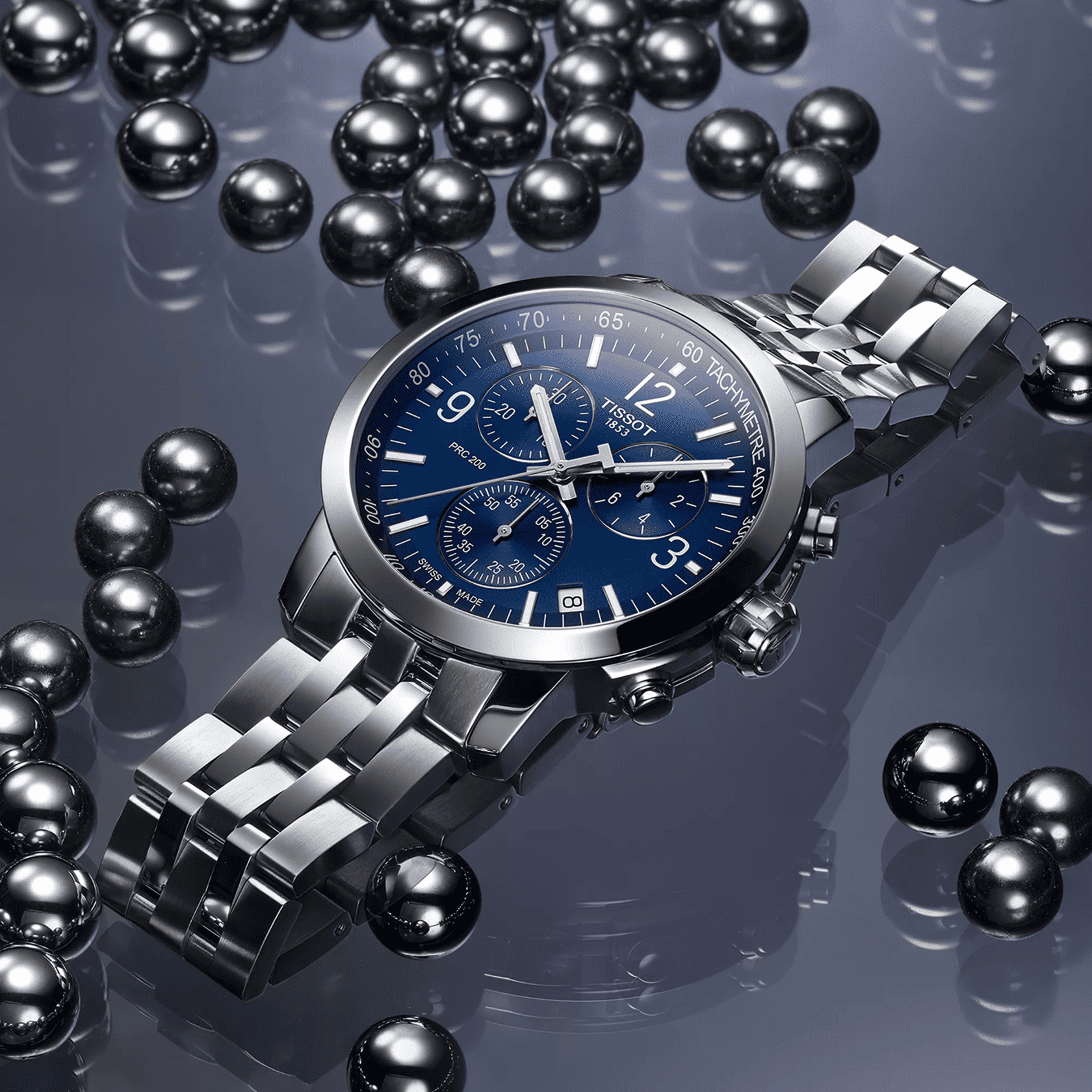 Orologio cronografo Tissot PRC 200 blu con cinturino in maglia d’acciaio e quadrante