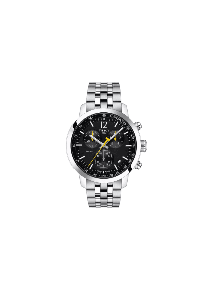 Orologio cronografo da uomo con quadrante nero e bracciale in acciaio, cassa 43 mm
