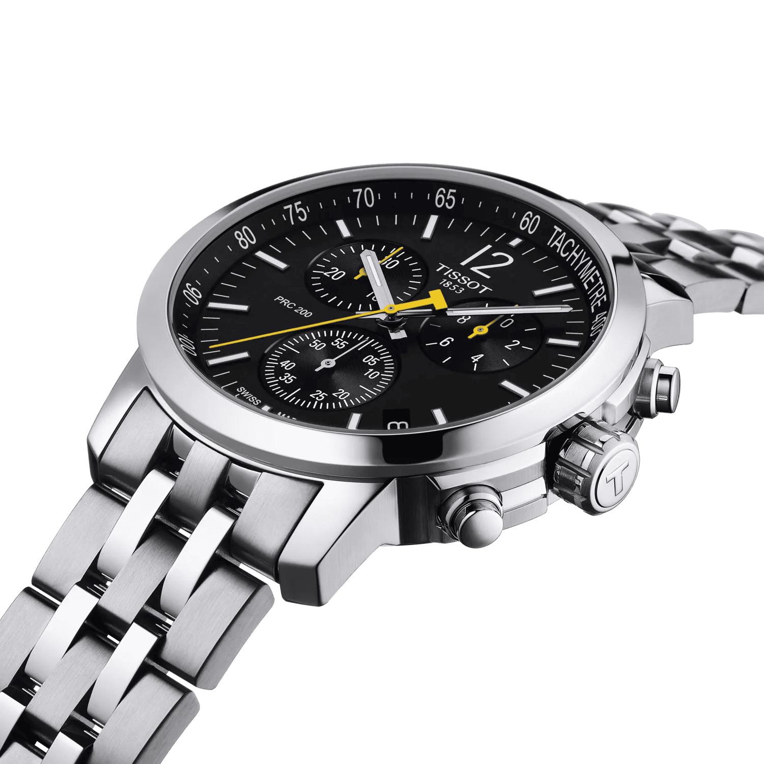 Orologio cronografo con quadrante nero e cinturino in acciaio a maglia