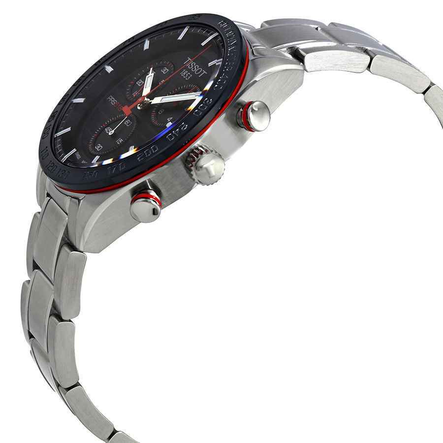 Orologio cronografo Tissot con cassa e bracciale in acciaio, quadrante nero.