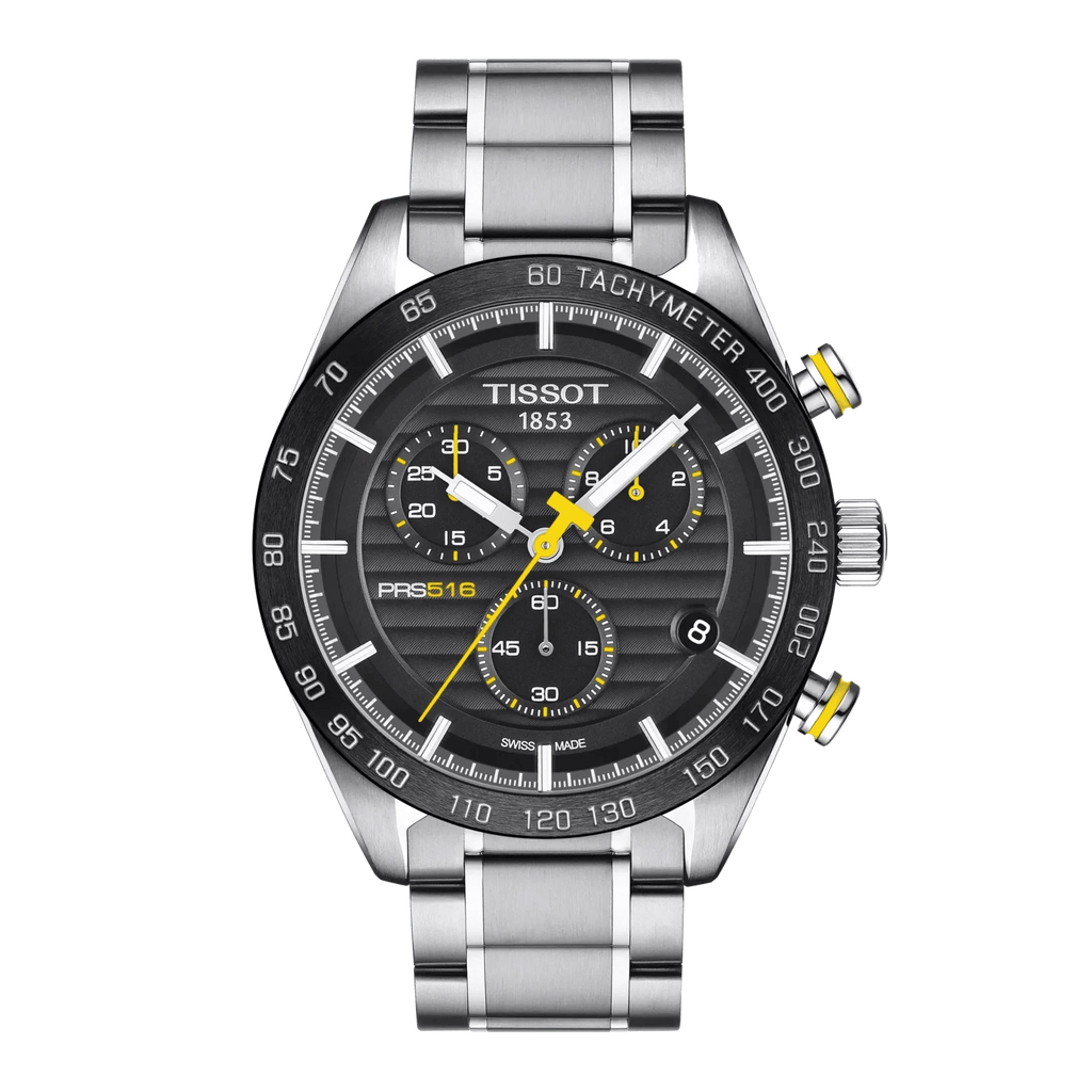 Orologio cronografo Tissot PRS 516 con quadrante nero, cassa e bracciale in acciaio