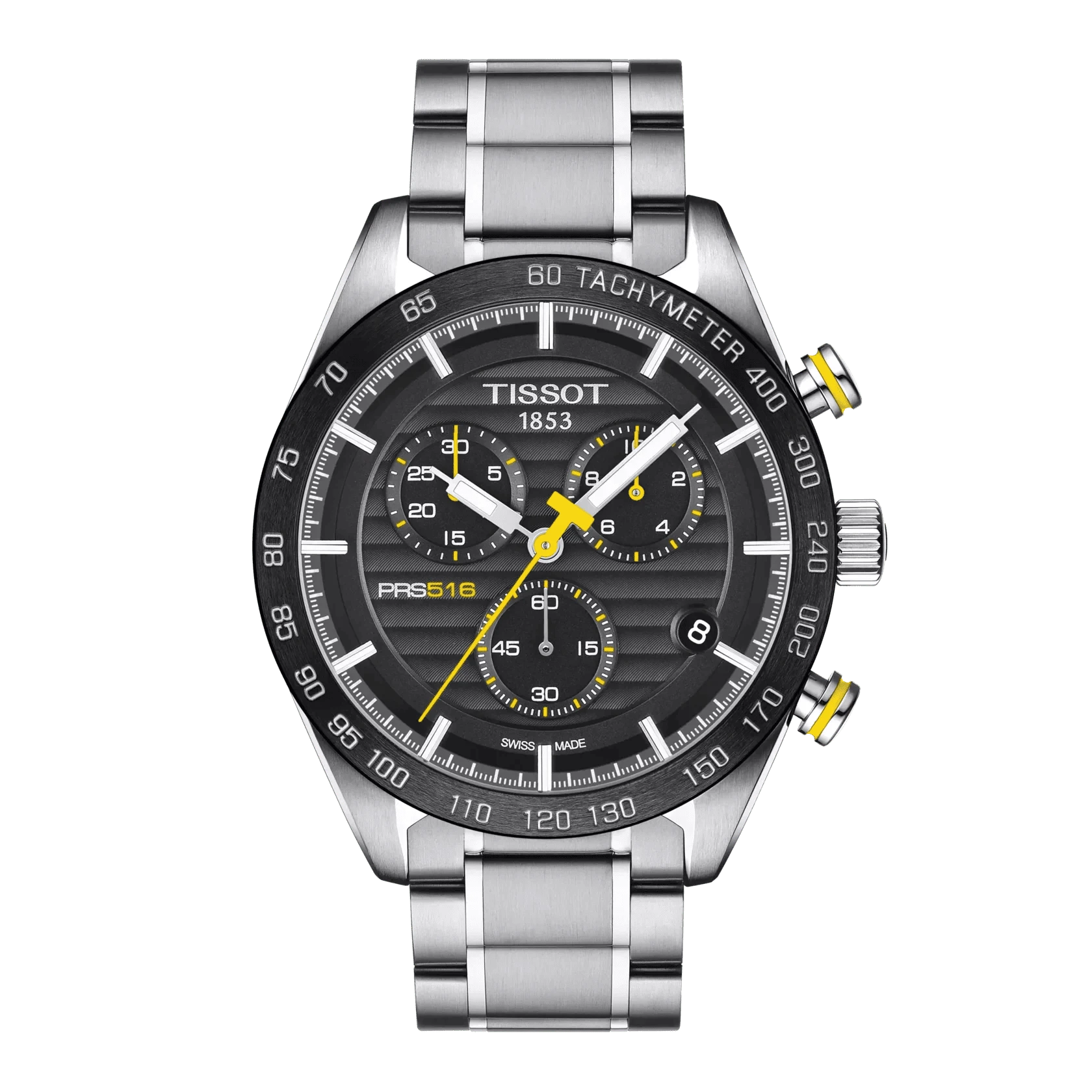 Orologio cronografo Tissot PRS 516 con quadrante nero, cassa e bracciale in acciaio