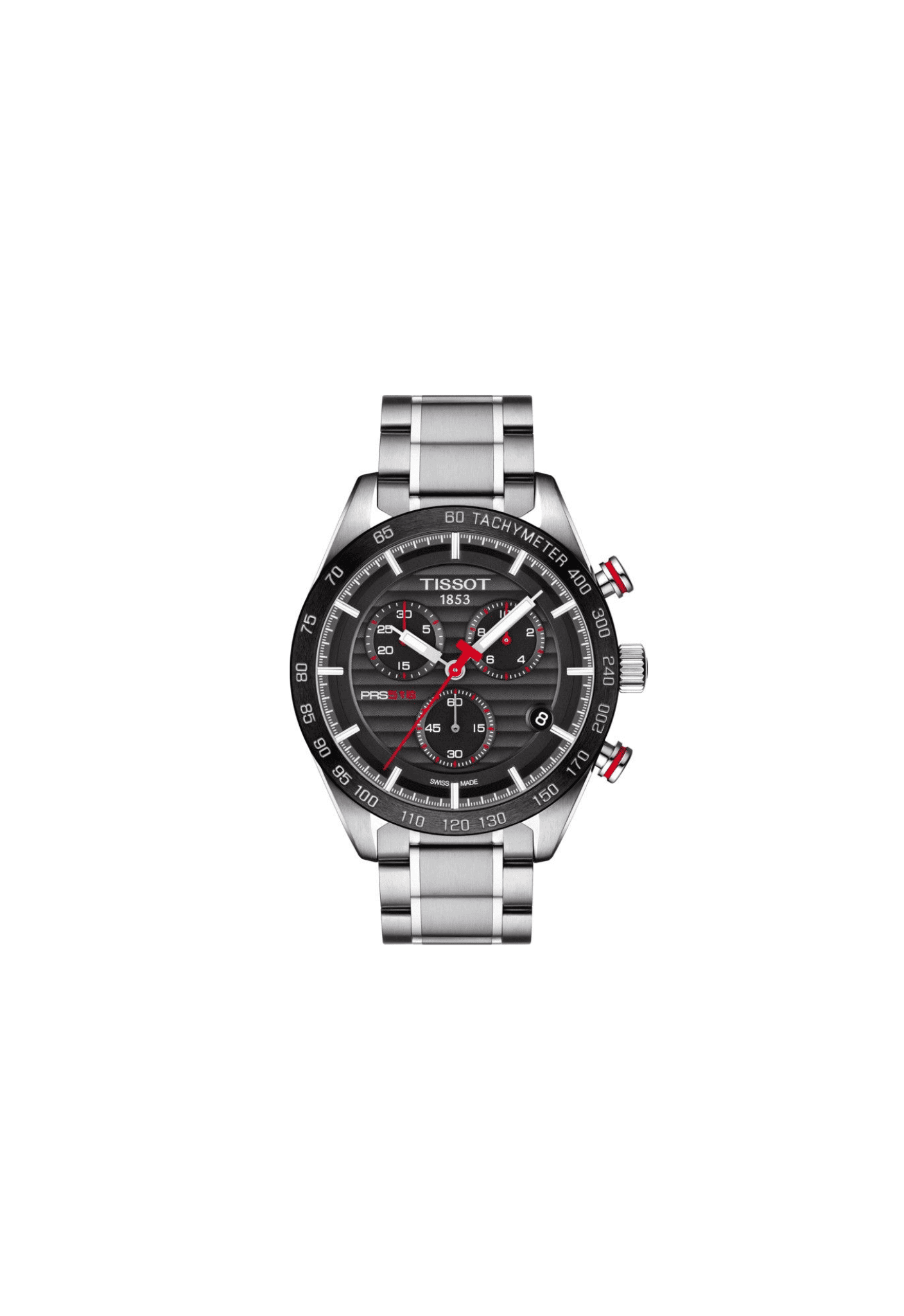 Orologio cronografo al quarzo Tissot, quadrante nero, bracciale in acciaio, 42 mm