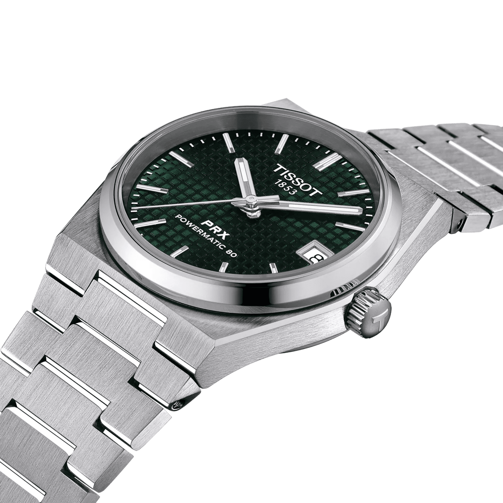 Orologio Tissot PRX 35mm: cassa in acciaio e quadrante verde con lancette e indici