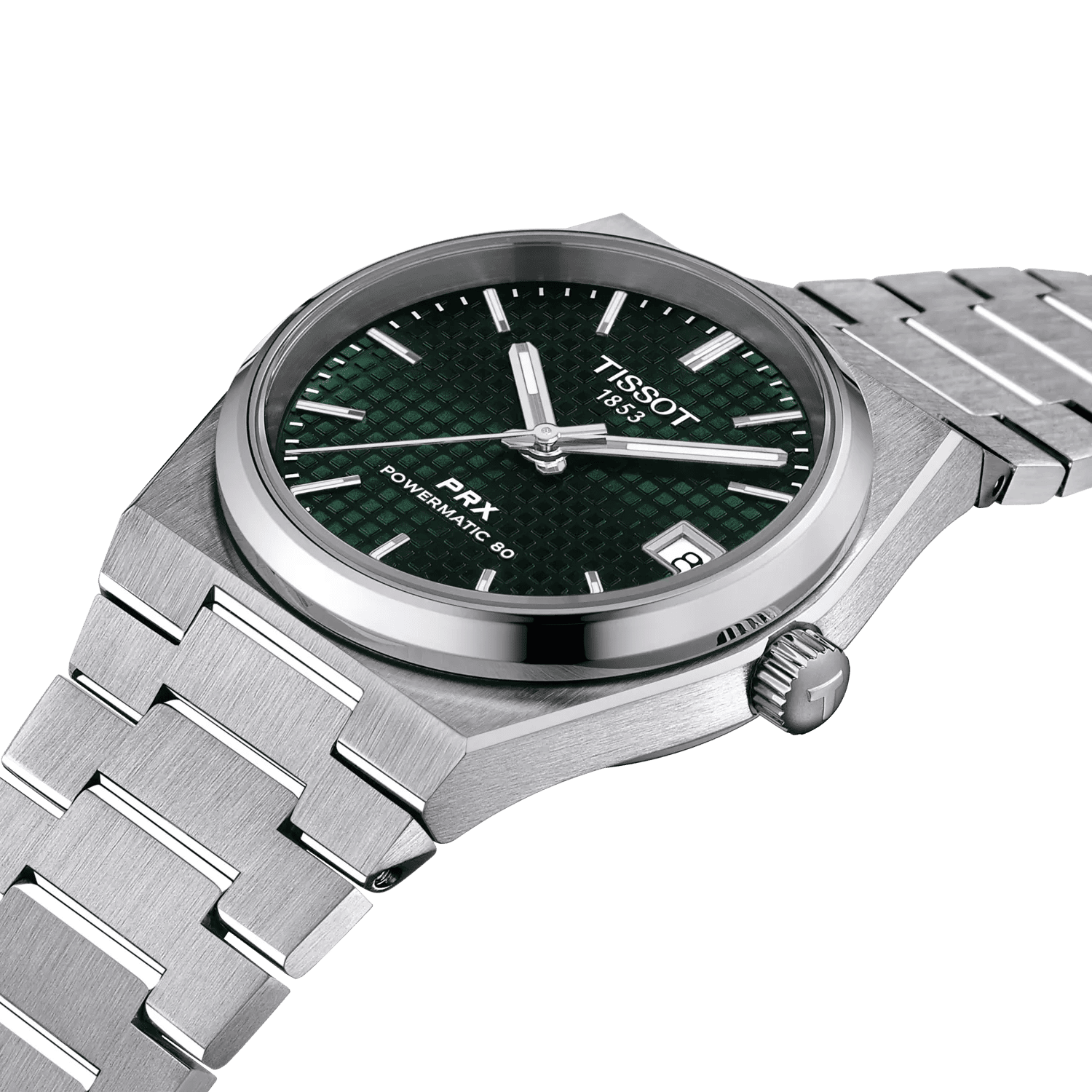 Orologio Tissot PRX 35mm: cassa in acciaio e quadrante verde con lancette e indici