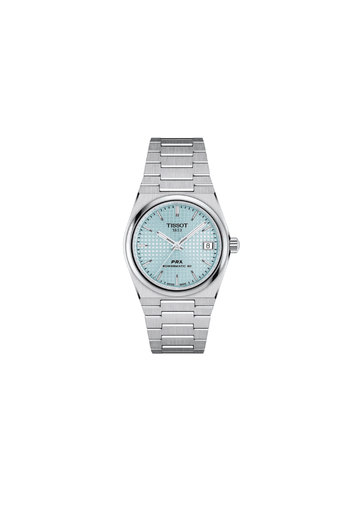 Orologio da polso Tissot PRX 35mm con quadrante azzurro ghiaccio e bracciale acciaio