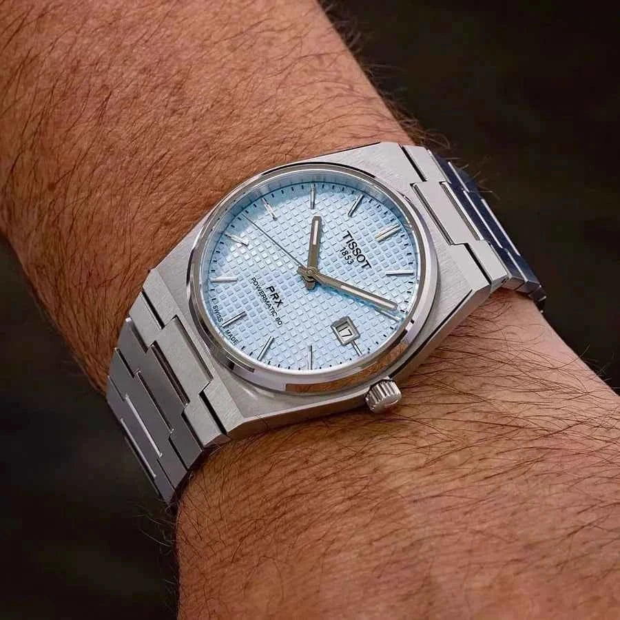 Orologio automatico in acciaio con quadrante azzurro ghiaccio e bracciale maglia