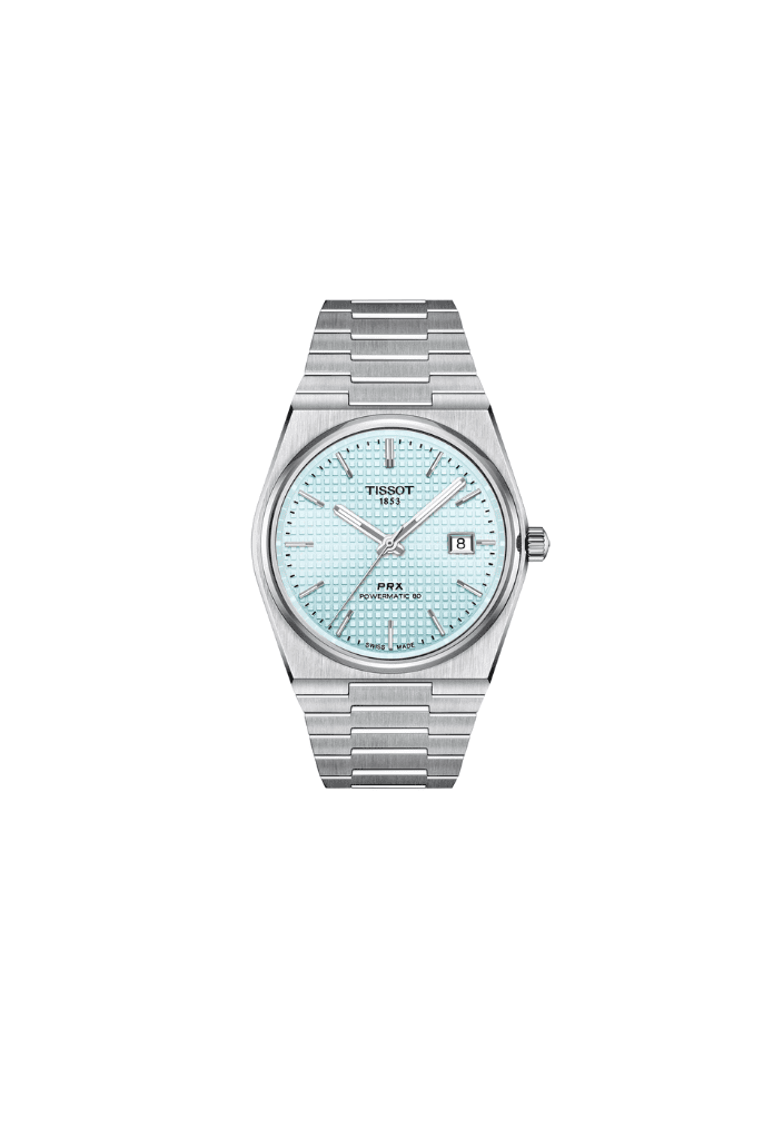 Orologio automatico con quadrante azzurro e cinturino in acciaio, 40 mm.