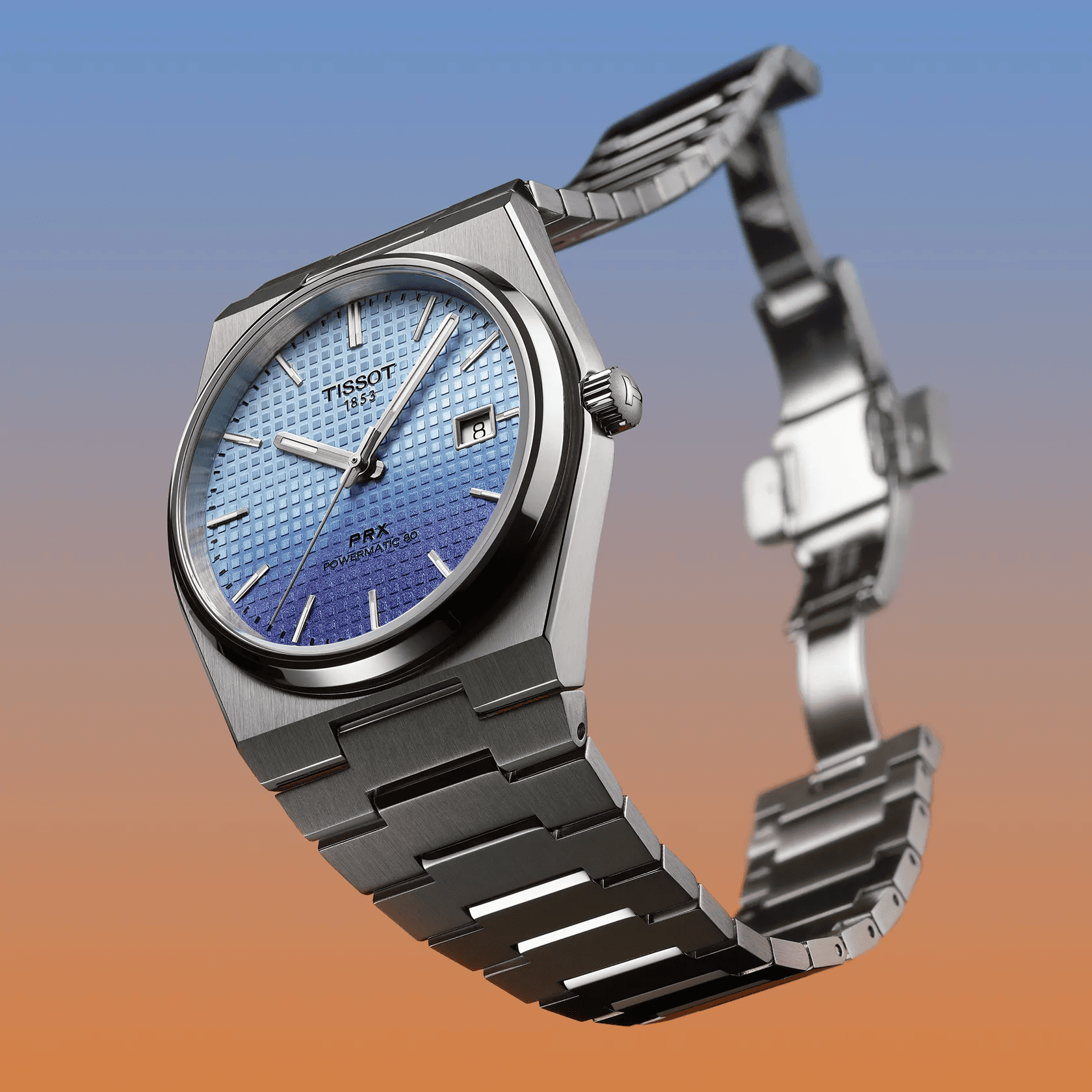 Orologio Tissot PRX automatico con quadrante blu e cinturino in maglia d’acciaio