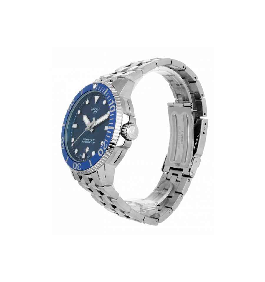 Orologio subacqueo Tissot vista laterale con bracciale in acciaio e ghiera blu