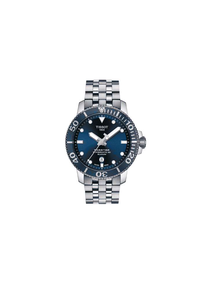 Orologio automatico con bracciale in acciaio, quadrante blu scuro e indici luminosa