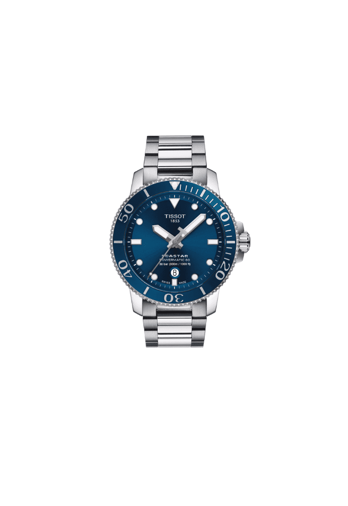 Orologio subacqueo Tissot con quadrante blu, bracciale in acciaio e lunetta zigrinata.