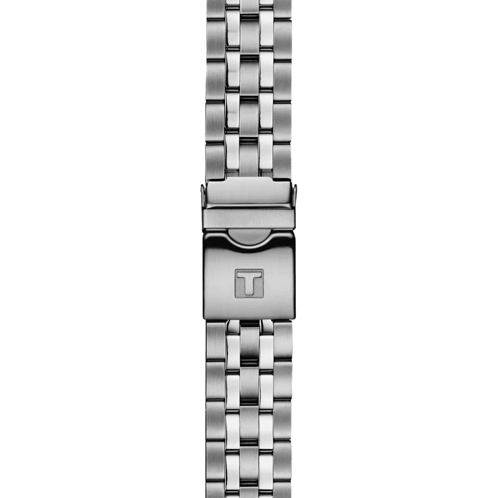 Chiusura dell’orologio con maglie in acciaio e logo sul fermaglio