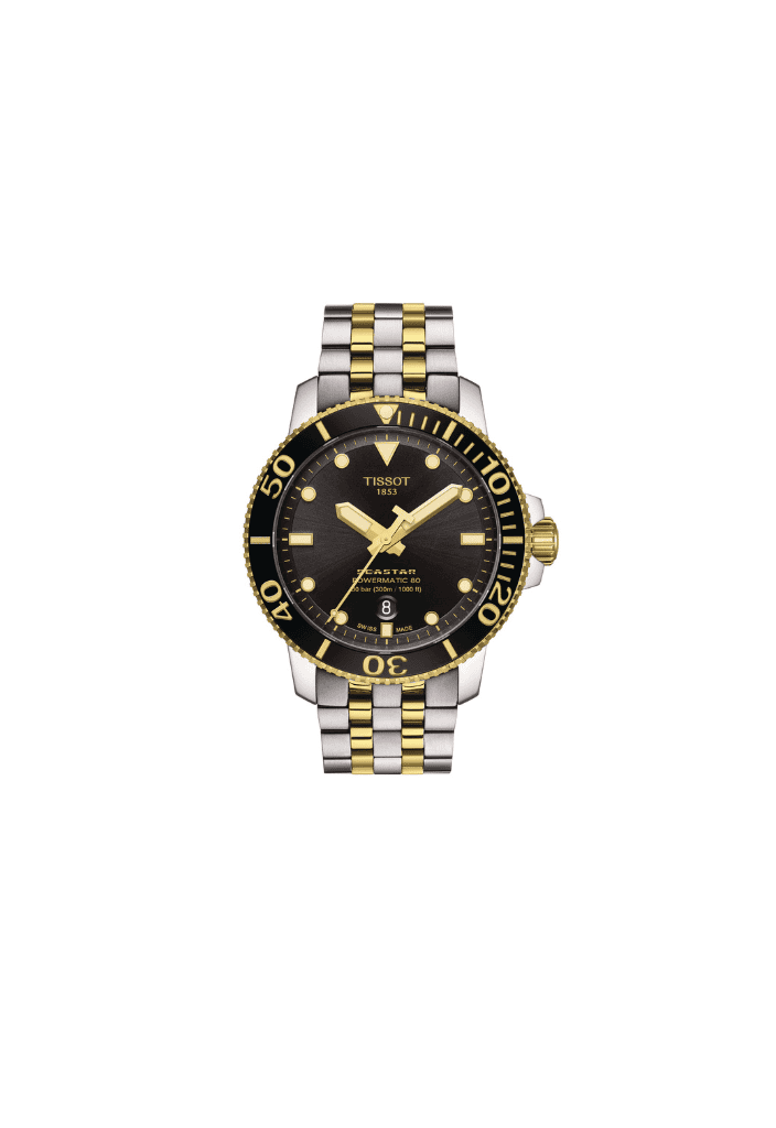 Orologio automatico subacqueo con bracciale in acciaio e inserti oro, quadrante nero