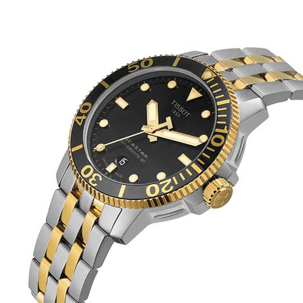 Orologio subacqueo: quadrante nero, ghiera oro, bracciale bicolore acciaio