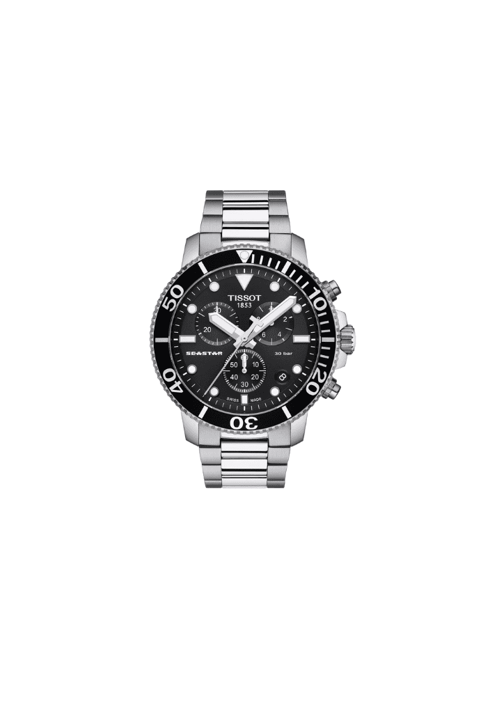 Orologio subacqueo Tissot con quadrante nero e cinturino in acciaio, cronografo