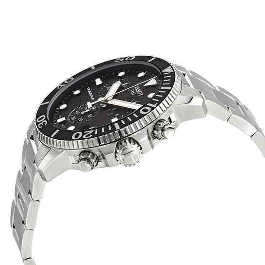 Orologio subacqueo Tissot con lunetta nera e quadrante nero, dettagli del cronografo