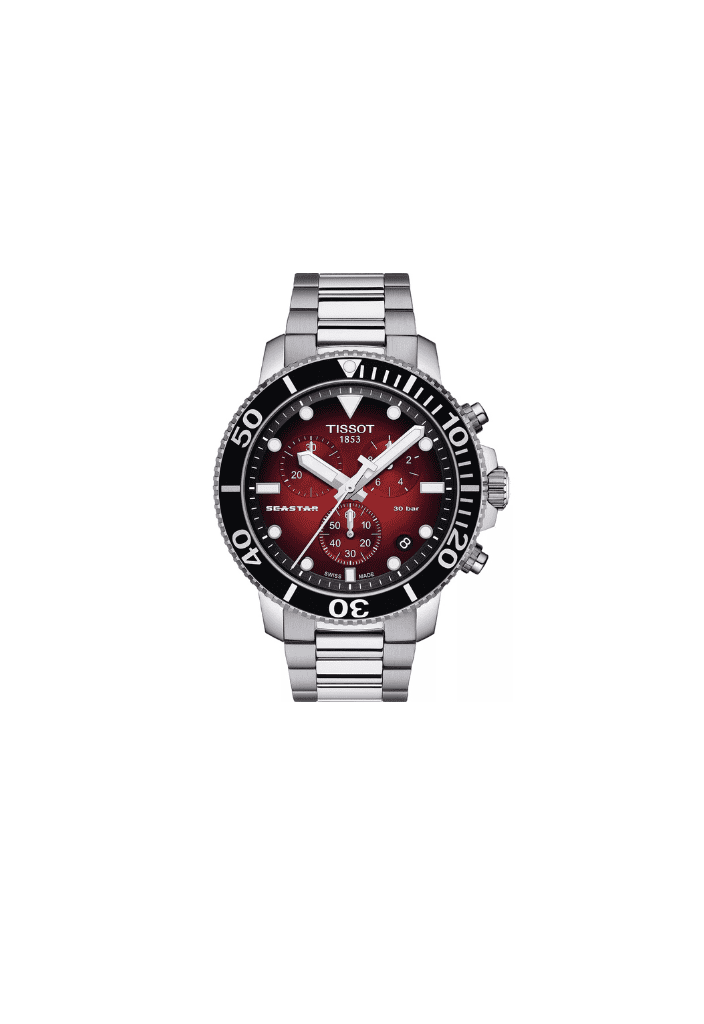 Orologio Tissot Seastar 1000 rosso con cronografo e cinturino in acciaio