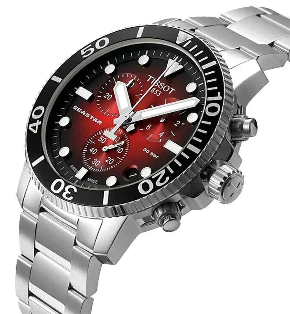 Orologio subacqueo Tissot Seastar 1000 con quadrante rosso e lunetta nera