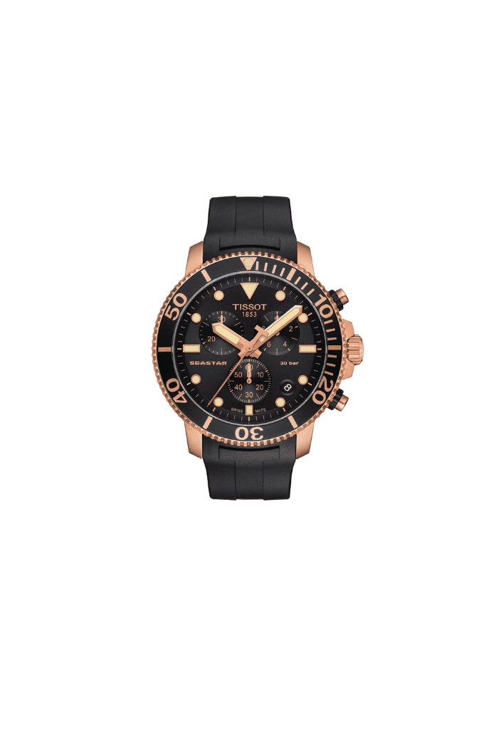 Orologio cronografo con quadrante nero, cassa oro rosa PVD e cinturino in caucciù nero