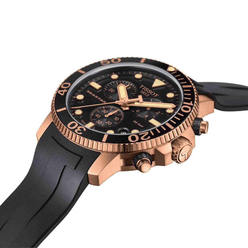 Orologio cronografo: lunetta con numeri, quadrante nero, cassa oro rosa e cinturino nero