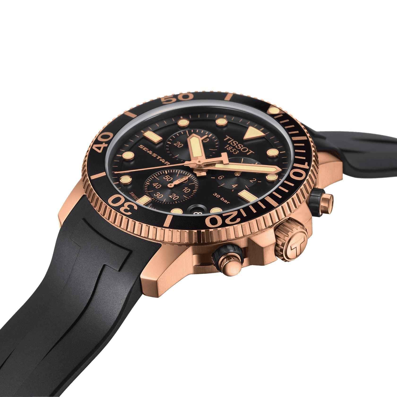 Orologio cronografo: lunetta con numeri, quadrante nero, cassa oro rosa e cinturino nero