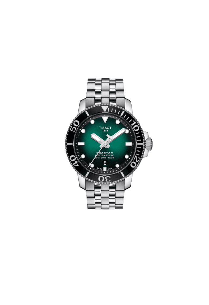 Orologio subacqueo Tissot con quadrante verde, ghiera nera e bracciale in acciaio