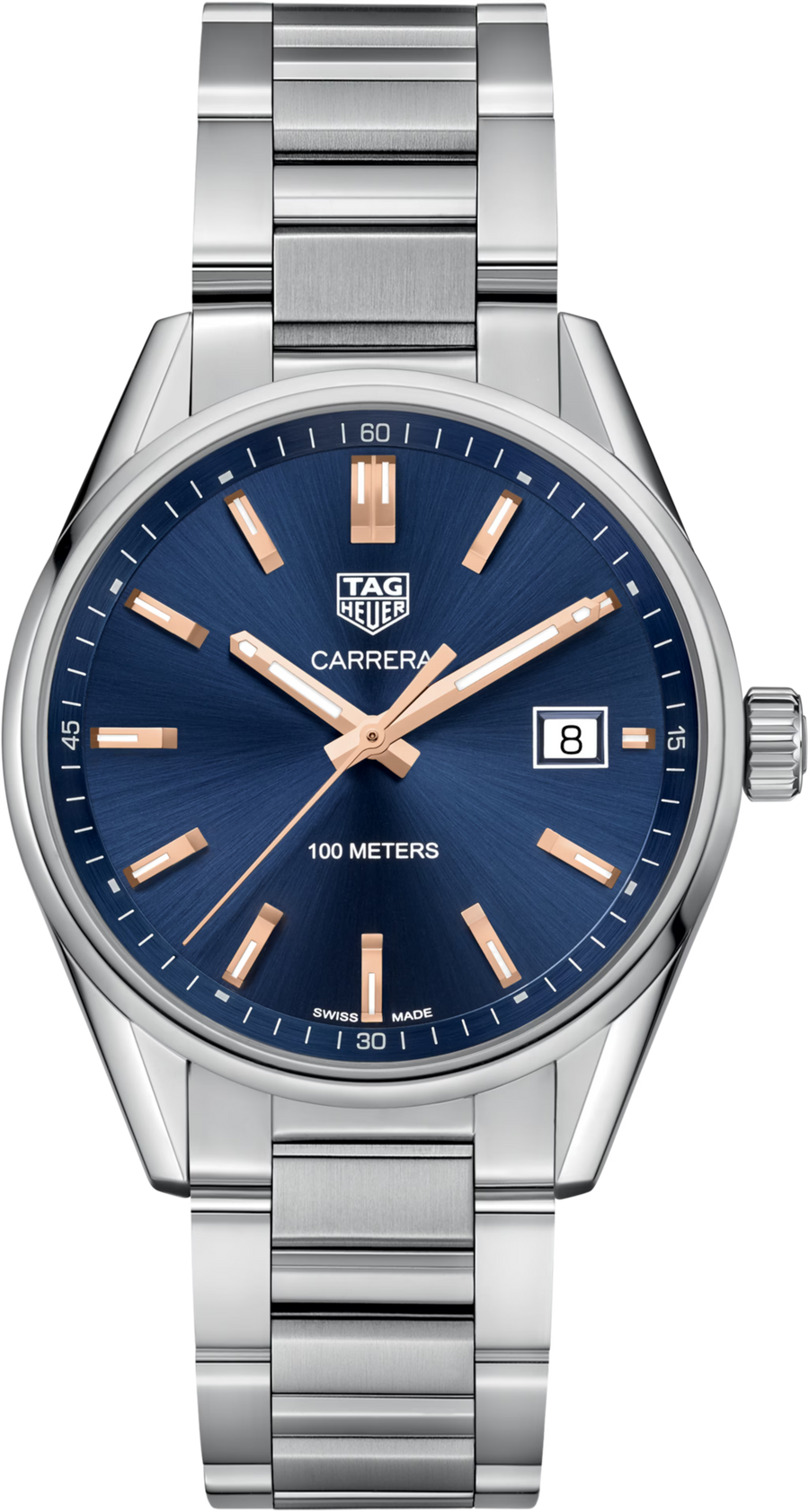 TAG Heuer Carrera Quarzo Uomo 39 mm Acciaio Quadrante Blu Indici e Lancette Color Oro Rosa Lunetta Fissa Vetro Zaffiro Data Bracciale Acciaio 10 ATM Swiss Made Ref. WAR1112.BA0601