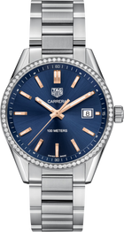 TAG Heuer Carrera Lady Donna 39 mm Acciaio Quadrante Blu Soleil Lunetta Fissa con 72 Diamanti Vetro Zaffiro Quarzo Data Bracciale Acciaio 10 ATM Swiss Made Ref. WAR1114.BA0601
