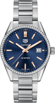 TAG Heuer Carrera lady in acciaio, quadrante blu, lunetta fissa con diamanti, datario