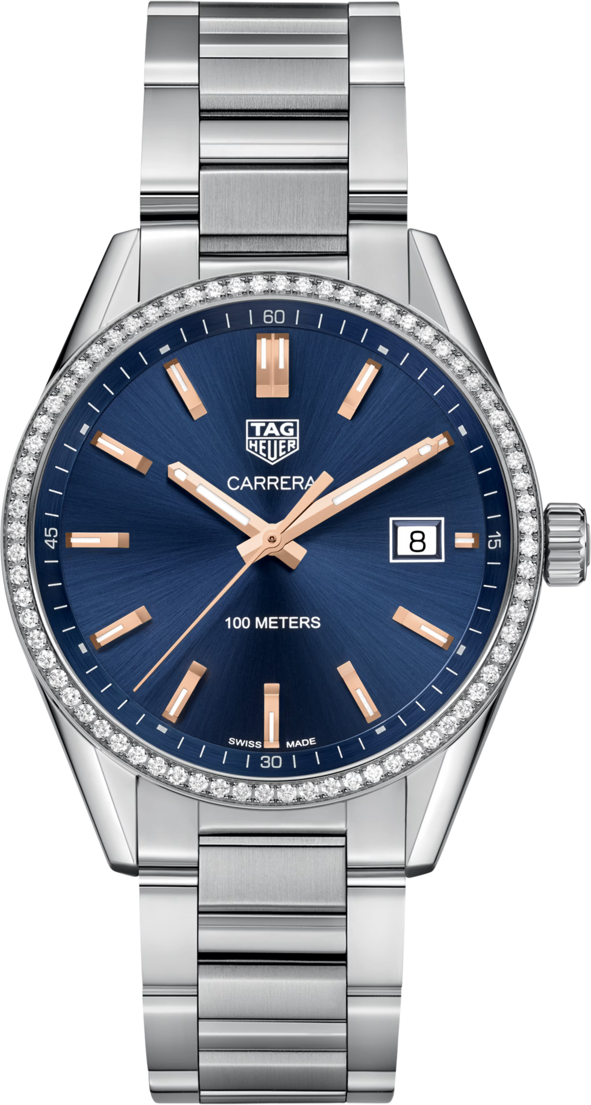 TAG Heuer Carrera lady in acciaio, quadrante blu, lunetta fissa con diamanti, datario
