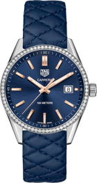 TAG Heuer Carrera Donna 39 mm Acciaio Quadrante Blu Lunetta Fissa con 72 Diamanti Vetro Zaffiro Quarzo Data Cinturino Pelle Blu 10 ATM Swiss Made Ref. WAR1114.FC6391