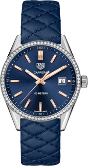 Orologio TAG Heuer Carrera da donna, quadrante blu e lunetta con diamanti, cinturino in pelle blu