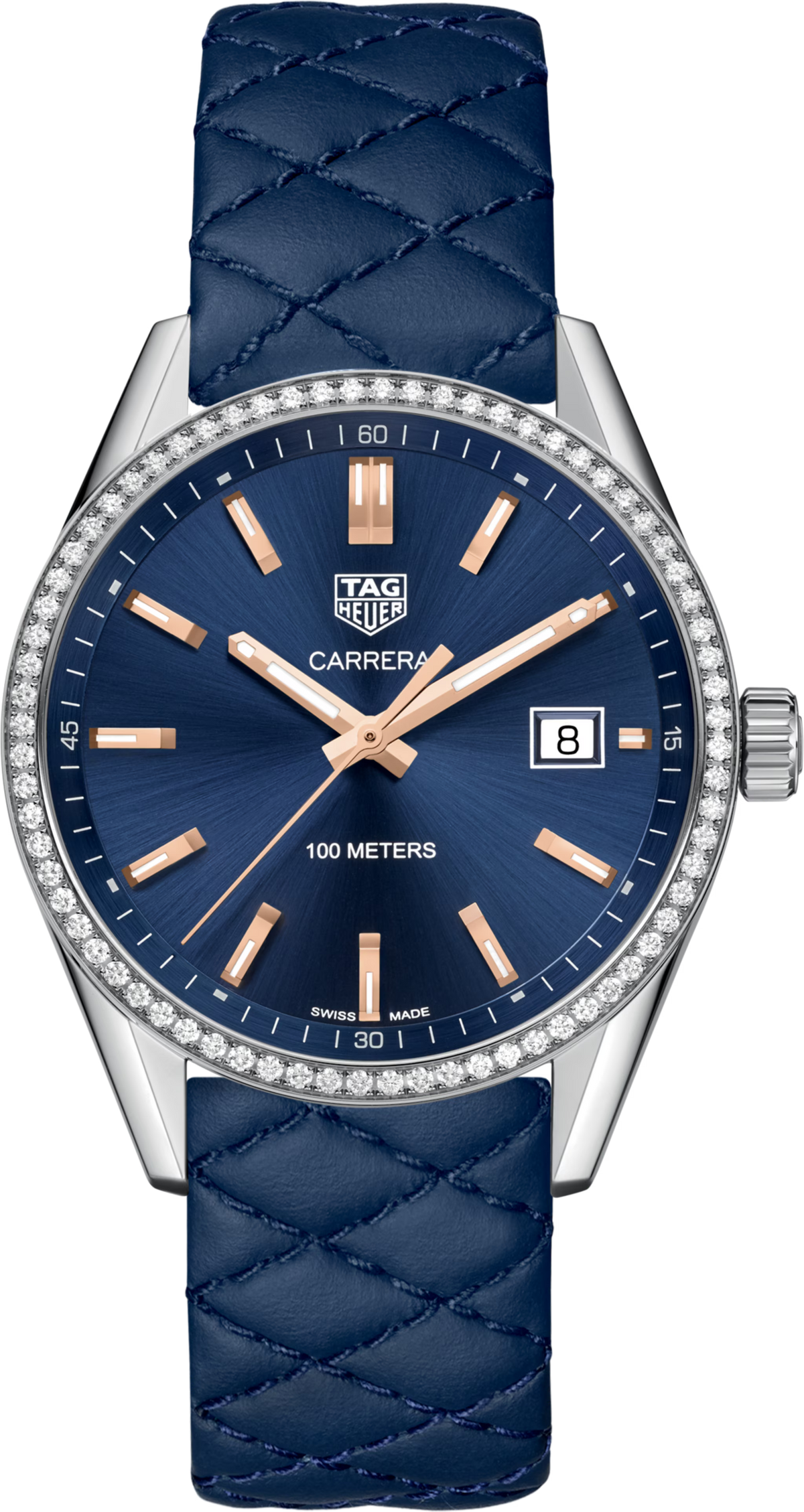 Orologio TAG Heuer Carrera da donna, quadrante blu e lunetta con diamanti, cinturino in pelle blu