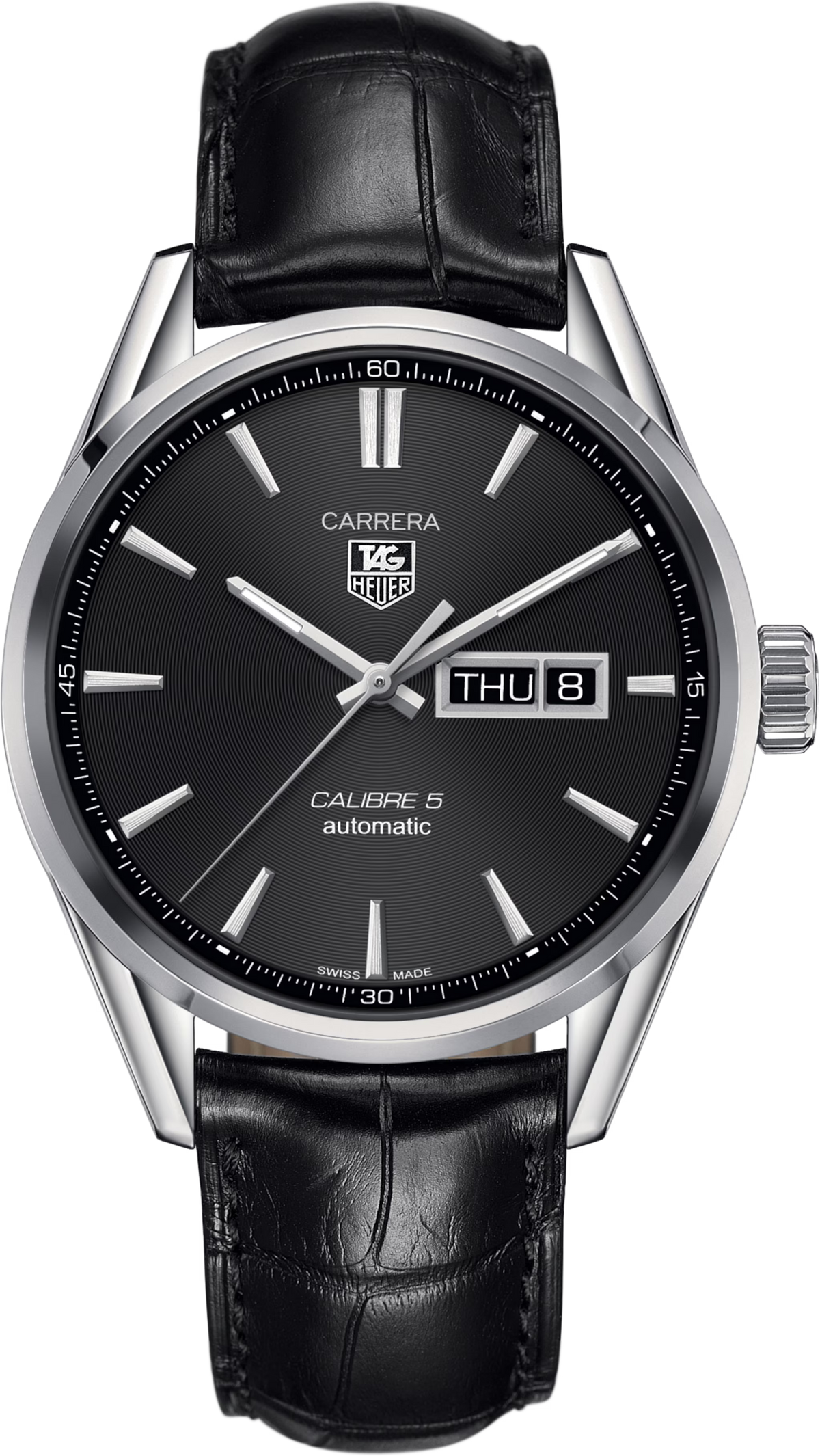 Orologio TAG Heuer Carrera Calibre 5 automatico con quadrante nero e cinturino alligatore nero