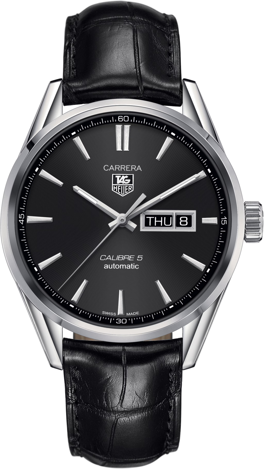 TAG Heuer Carrera Calibre 5 Day-Date Automatico Uomo 41 mm Acciaio Quadrante Nero Azuré Lunetta Fissa Vetro Zaffiro Calibro 5 Automatico 38 Ore Cinturino Alligatore Nero 10 ATM Swiss Made Ref. WAR201A.FC6266