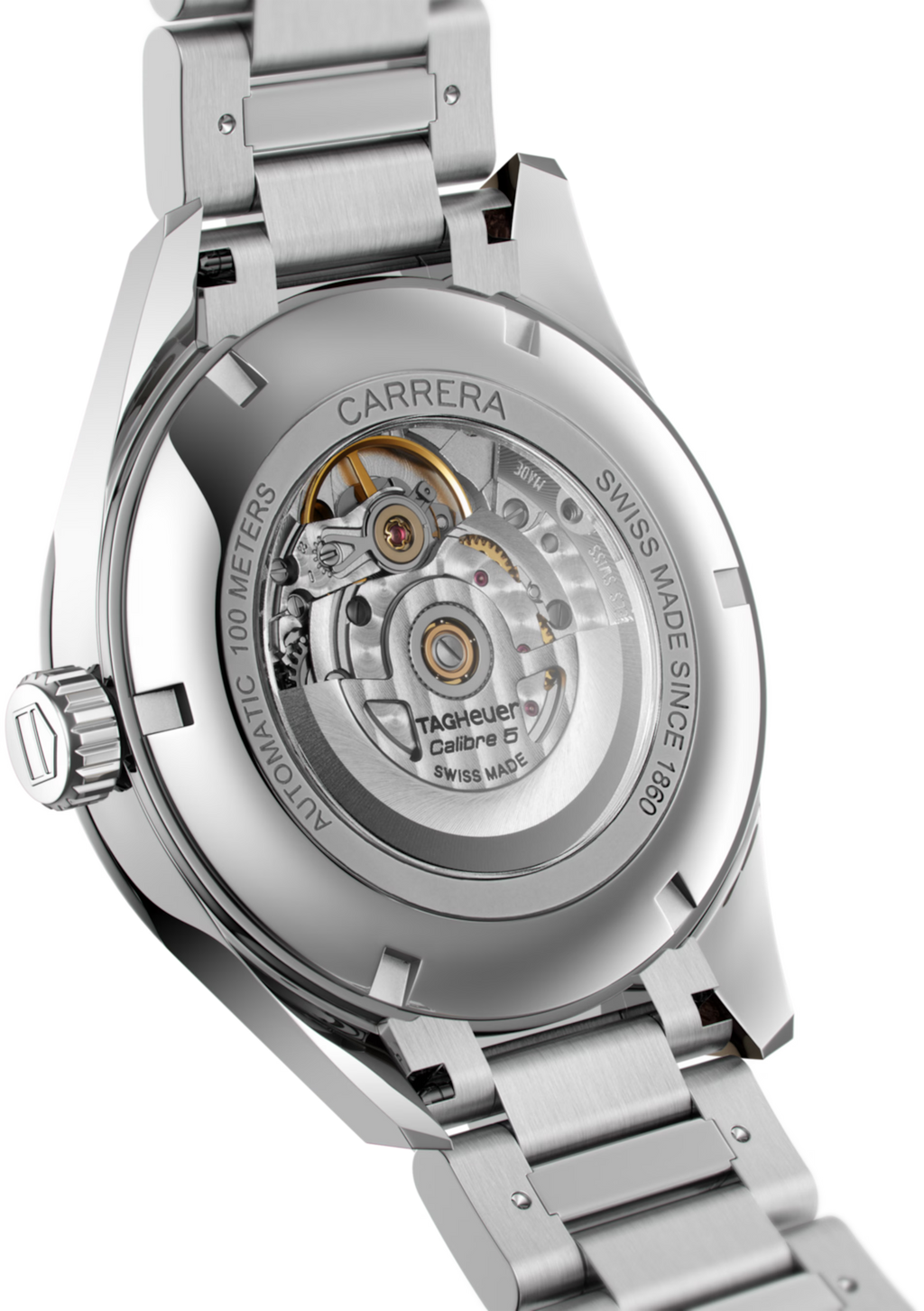 Orologio in acciaio con fondello a vista del movimento e scritta Swiss Made