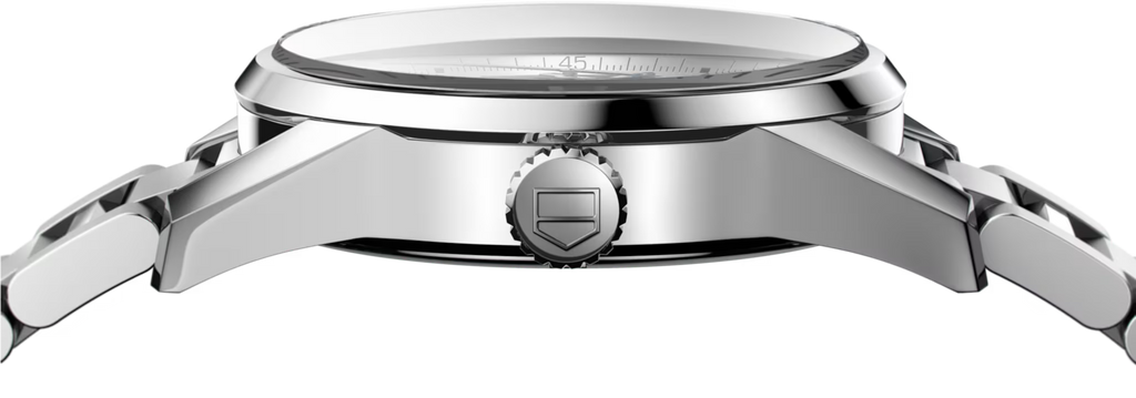 Orologio in acciaio con corona e profilo laterale del fondello lucido