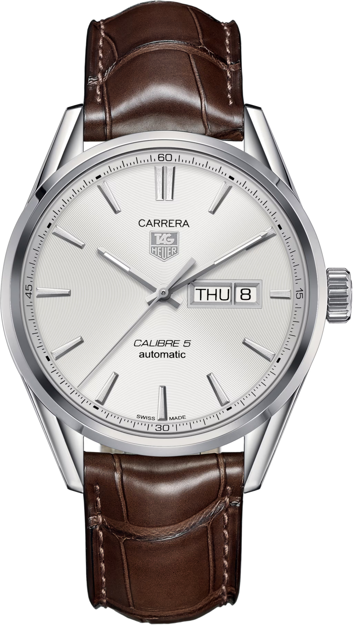 Orologio TAG Heuer Carrera con cassa d’acciaio, quadrante argento e cinturino alligatore marrone