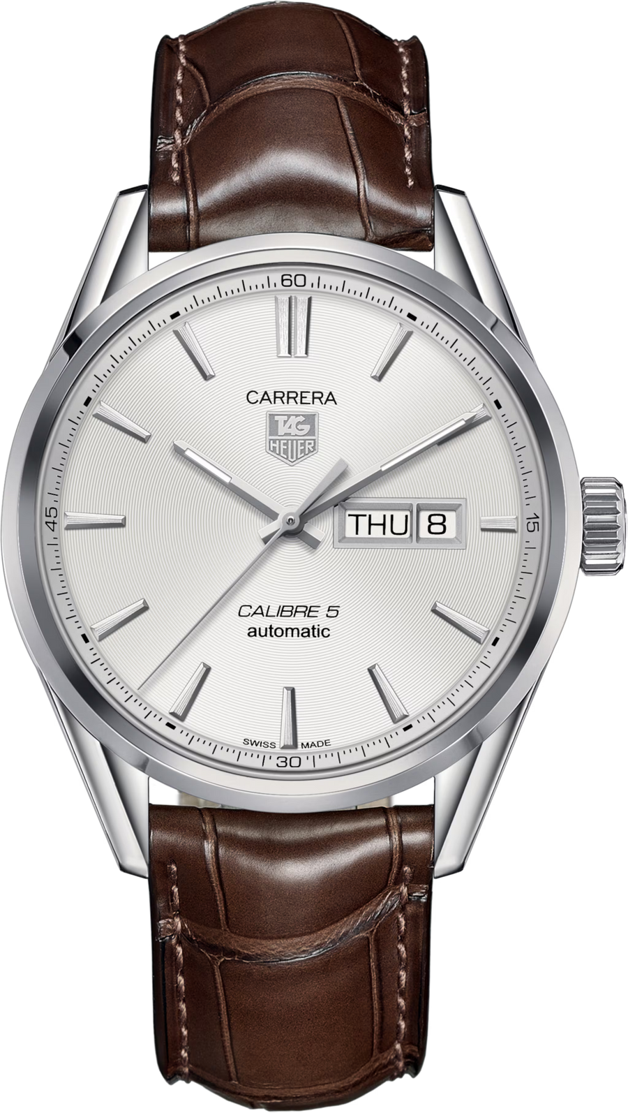 TAG Heuer Carrera Calibre 5 Day-Date Automatico Uomo 41 mm Acciaio Quadrante Argento Azuré Lunetta Fissa Vetro Zaffiro Cinturino Alligatore Marrone 38 Ore 10 ATM Swiss Made Ref. WAR201B.FC6291