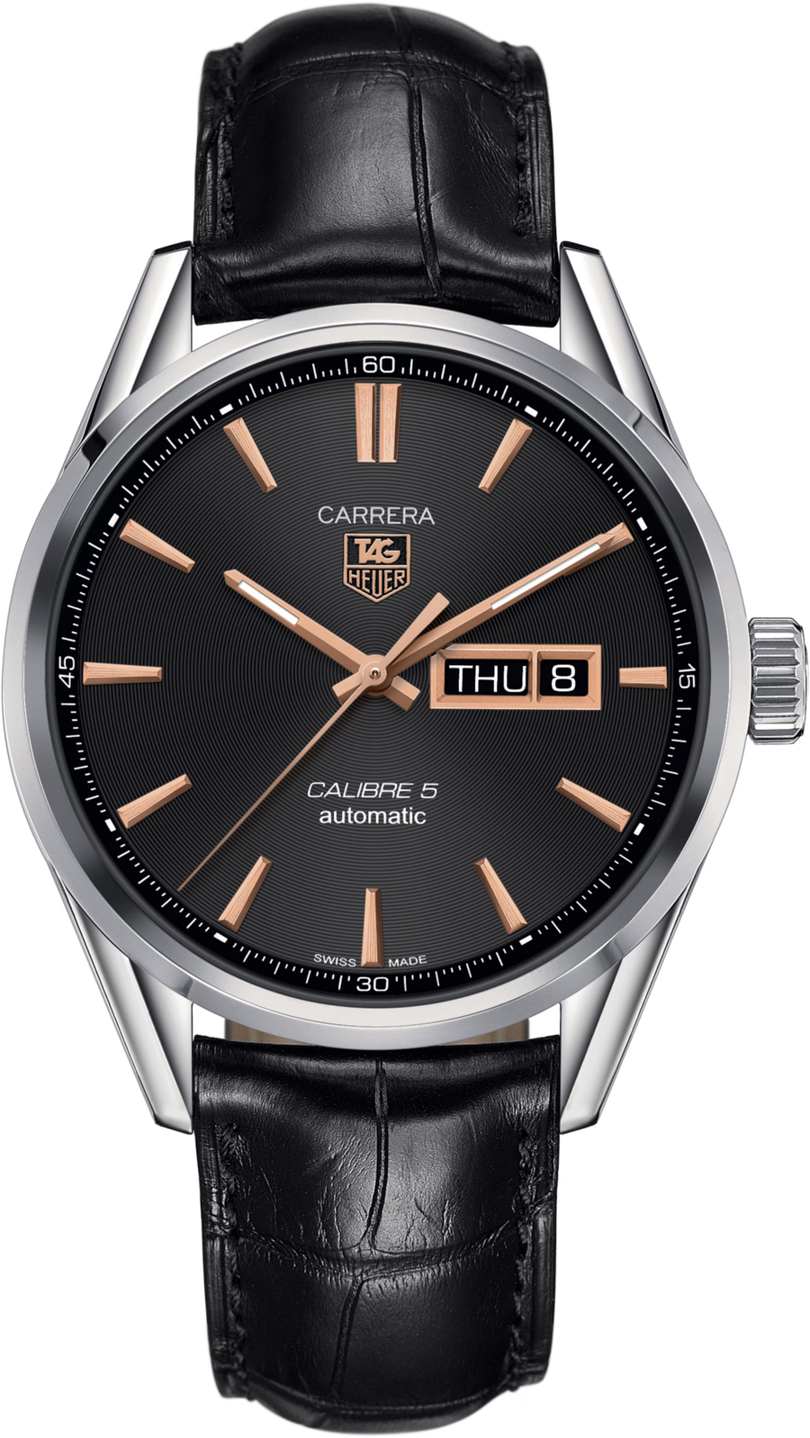 TAG Heuer Carrera Calibre 5 Day-Date Uomo 41 mm Acciaio Quadrante Nero Azurage Dettagli Oro Rosa Vetro Zaffiro Automatico Giorno e Data Cinturino Alligatore Nero 10 ATM Swiss Made Ref. WAR201C.FC6266