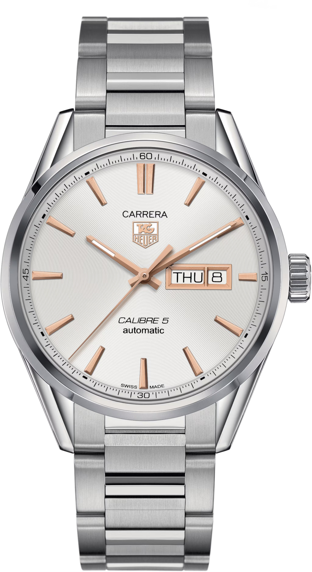 Orologio TAG Heuer Carrera: quadrante argento, indici e lancette oro rosa, bracciale acciaio.