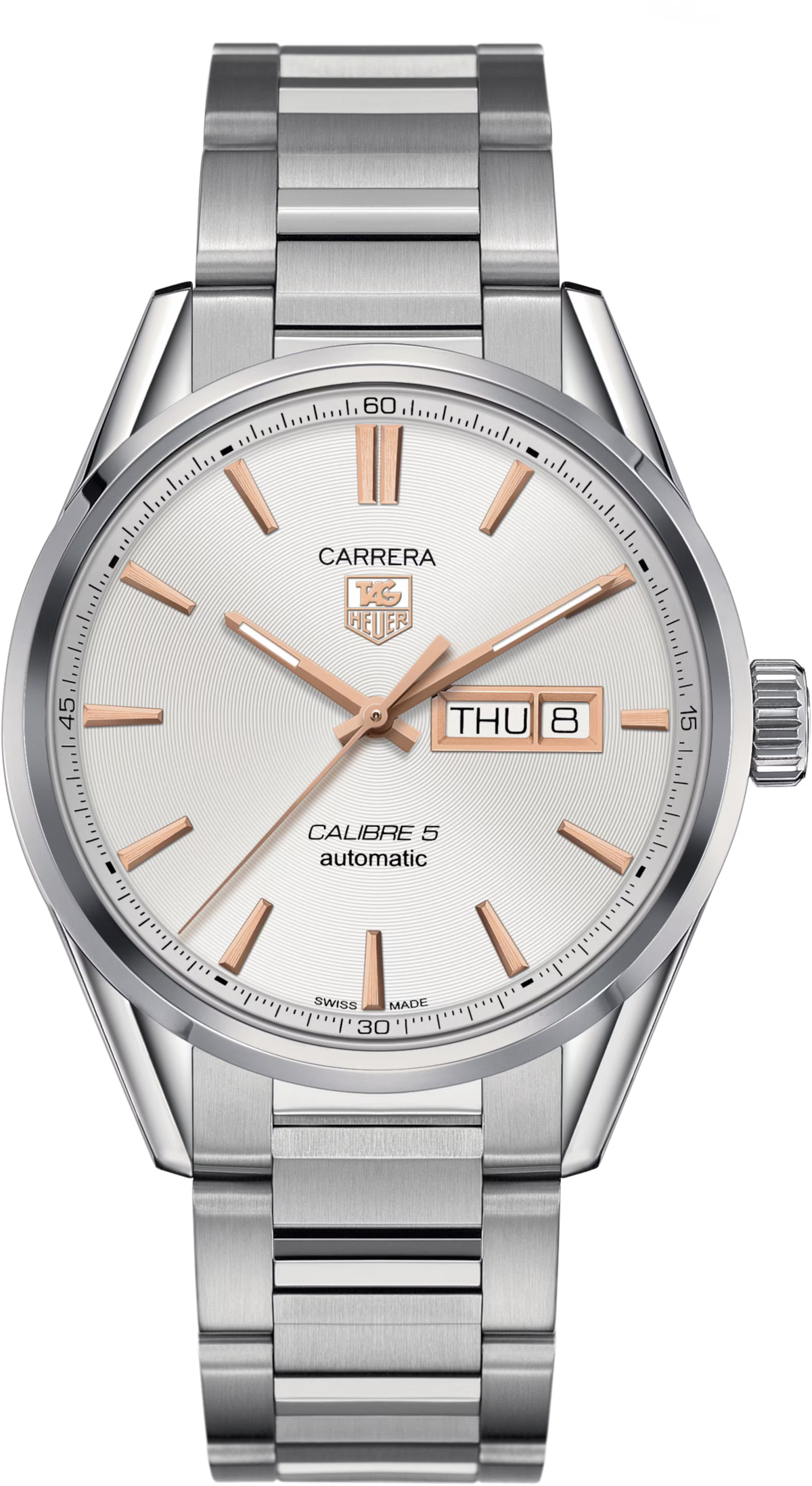 Orologio TAG Heuer Carrera: quadrante argento, indici e lancette oro rosa, bracciale acciaio.