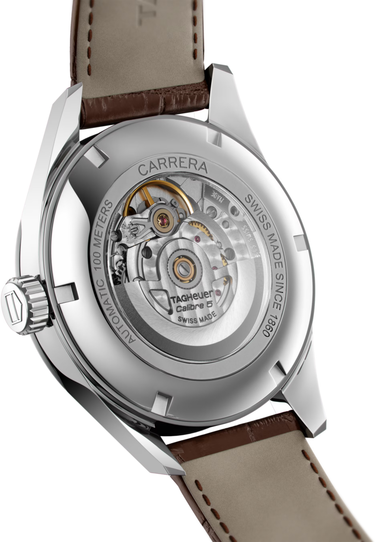 Orologio TAG Heuer Carrera con fondello trasparente, movimento Calibre 5 visibile, cinturino marrone