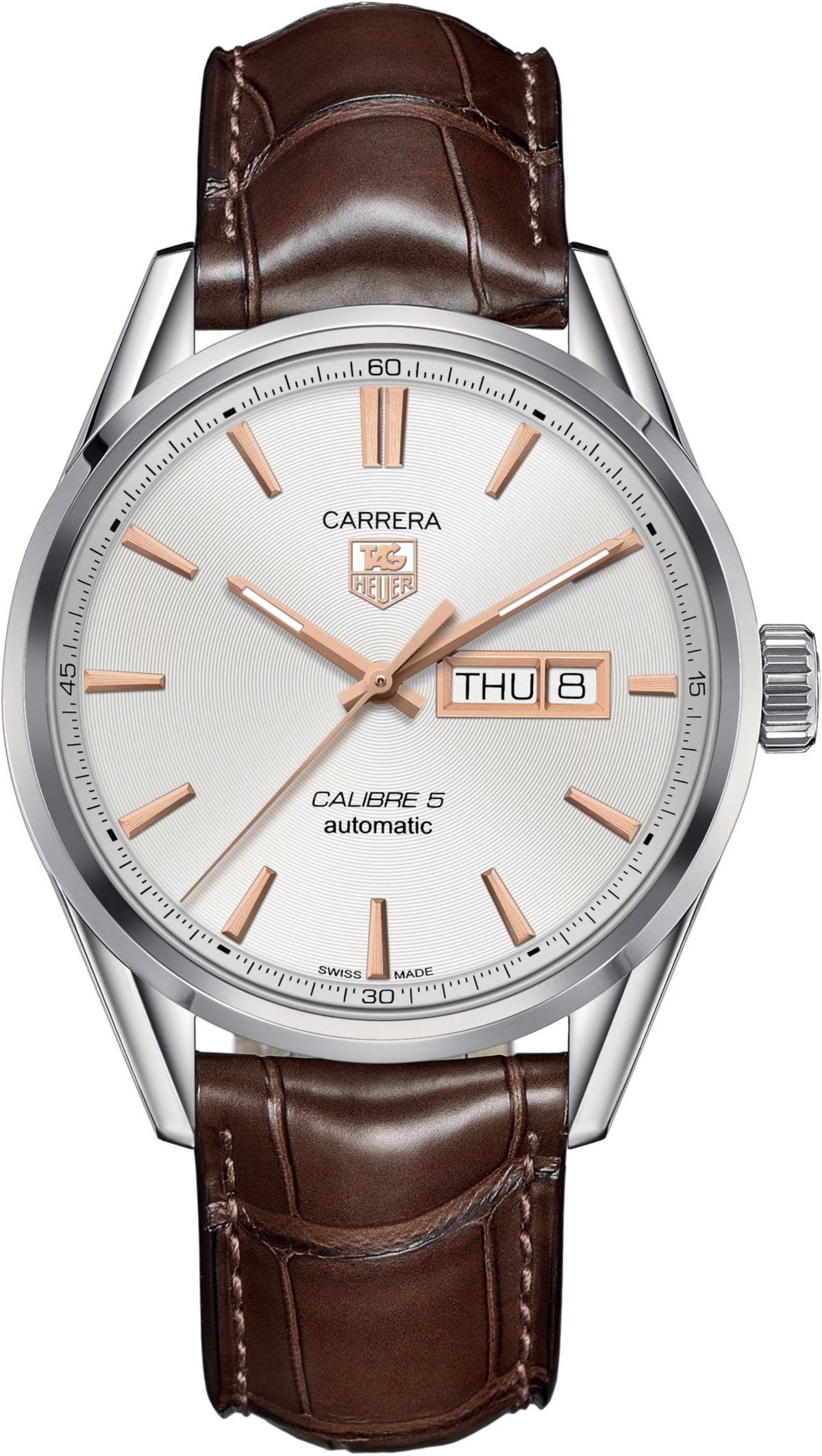 Orologio TAG Heuer Carrera con quadrante argento, indici oro rosa, cinturino alligatore marrone